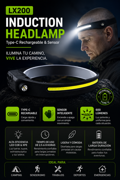 Linterna Vincha Minera Luz Recargable Usb Con Sensor 2 Luces