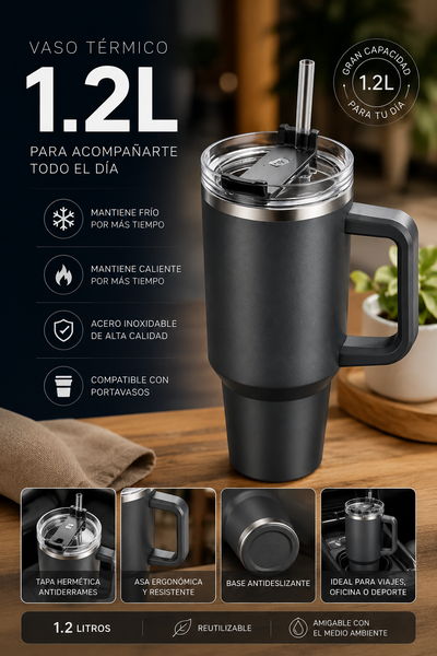 VASO TERMICO ACERO INOXIDABLE CON MANIJA 1.2L COLORES