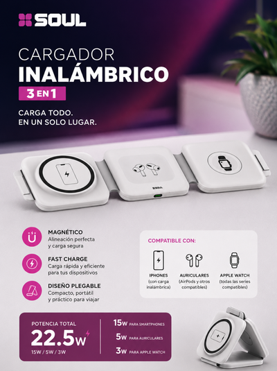Cargador Inalambrico Soul S300 3 en 1 Magnetico FC 22.5W