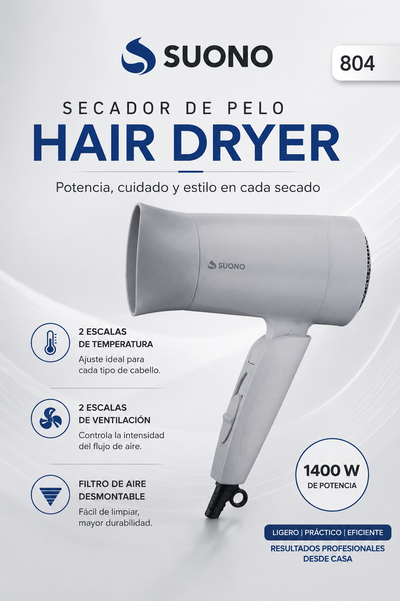 SECADOR DE PELO SUONO 1400W PLEGABLE