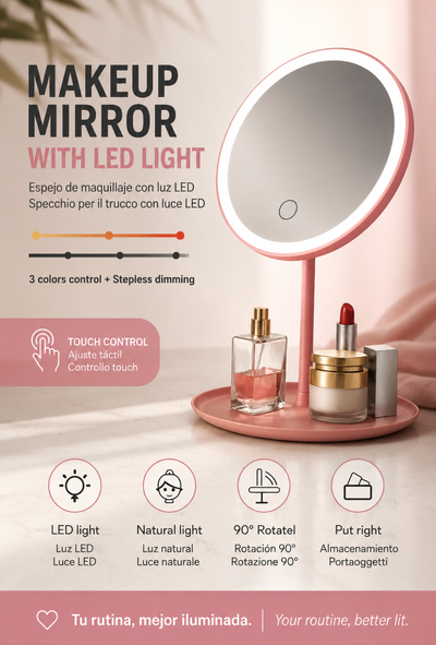 ESPEJO DE MAQUILLAJE LUCES LED CON BASE 3 TONOS 