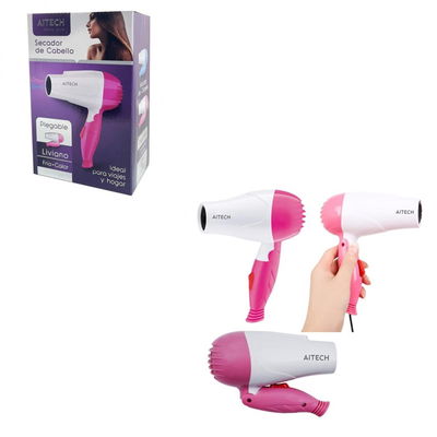 SECADOR DE CABELLO AITECH PLEGABLE PORTÁTIL FRÍO CALOR 220V ROSA