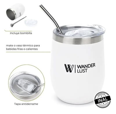Vaso Térmico/ Mate Acero Inoxidable C/Bombilla Blanco 360 Ml Wanderlust