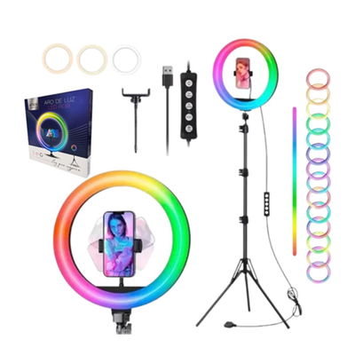 ARO DE LUZ LED SELFIE AITECH 36CM RGB + TRIPODE 2.10 MTS