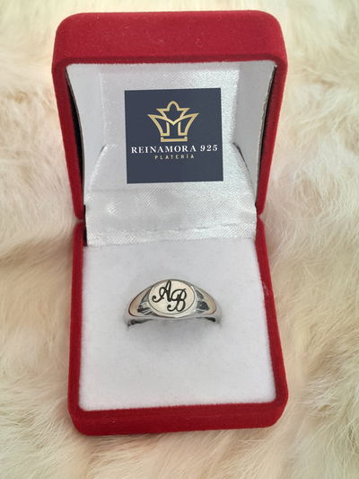 Anillo Sello Plata 925 Rodinado oro blanco + Grabado
