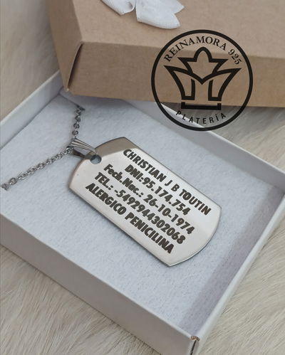 Dije Acero Quirúrgico Rectangular 43x24mm + Cadena + Grabado Texto Alergia
