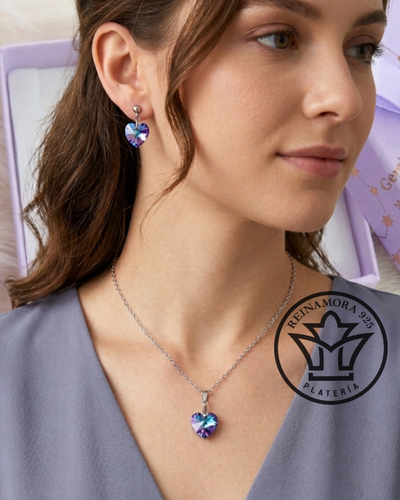 Conjunto Acero Quirúrgico Swarovski Corazón 12mm