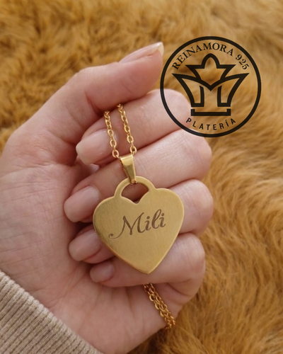 Dije Acero Quirúrgico Dorado Doble pulido Corazon Tifani 26x25mm + Cadena +Grabado Nombre