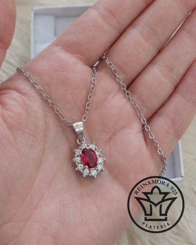 Dije Plata 925 Rodinado Oro Blanco Roseta Cz Fucsia 2.4grs