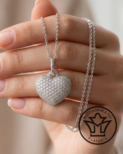  Dije Rodinado Oro Blanco Corazón Cz & Cadena 