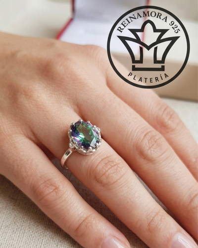 Anillo Plata 925 Cz Corona Aurora Boreal Violeta