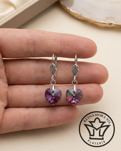 Aros Acero Quirúrgico Brisura Ostra Corazón Swarovski 10mm