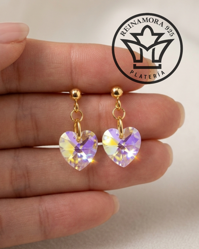 Aros Acero Quirúrgico Dorado Corazón Swarovski 10mm