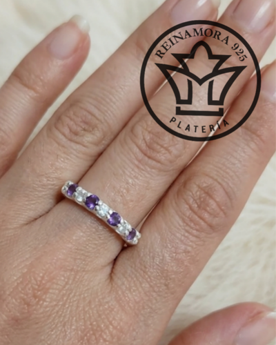 Anillo Plata 925 Cz Cintillo 2.5mm 2.5gr (Violeta-Blanco)