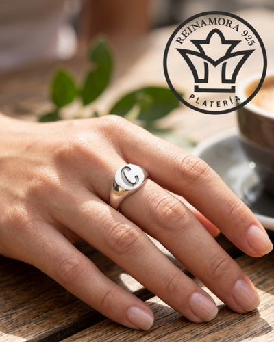Anillo Sello Plata 925 Rodinado oro blanco + Grabado