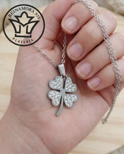Dije Trébol Multistrass Acero Quirúrgico & Cadena 