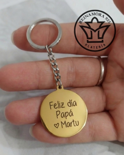 Llavero Acero Quirúrgico Dorado Redonda 30mm + Grabado Frase Papá 