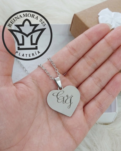 Dije Acero Quirúrgico Corazón 23mm + Cadena + Grabado Iniciales