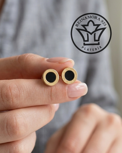 Aros Acero Quirúrgico Dorado Pasante Bulgari Negro 10mm