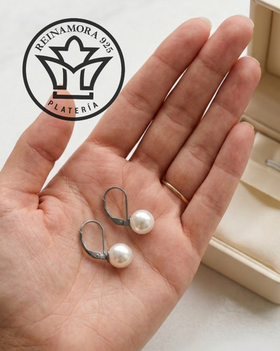 Aros Plata 925 Cz Cierre Ingles Perlas 8mm