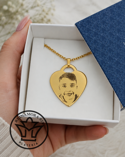 Fotograbado Acero Quirúrgico Dorado Corazón Tiffany 26x25mm + Frase 