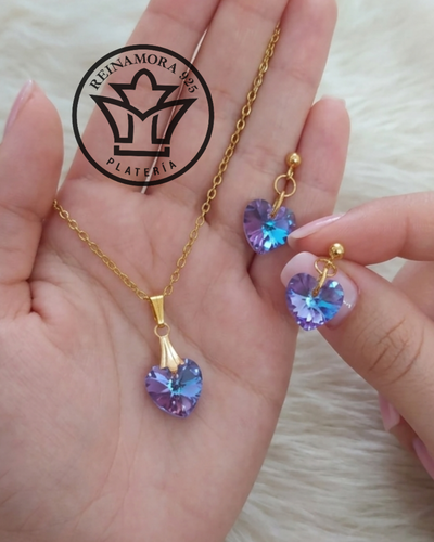 Conjunto Acero Quirúrgico Swarovski Corazón 10mm