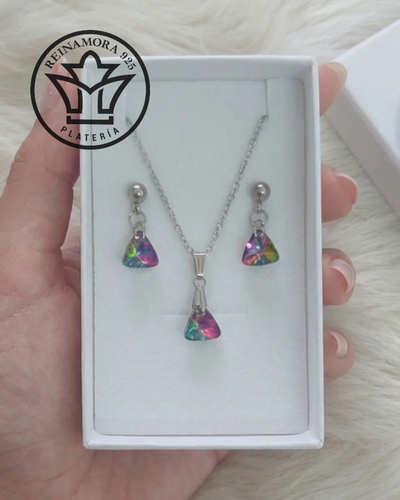 Conjunto Acero Quirúrgico Swarovski Triangulo 9mm