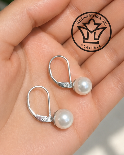 Aros Plata 925 Cz Cierre Ingles Perlas 8mm