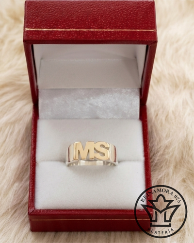 Anillo Plata 925 & Dublé Sello Inicial Calado