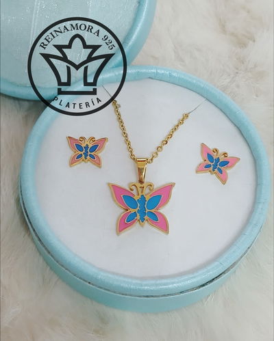 Conjunto Acero Quirúrgico Dorado Esmalte Mariposa