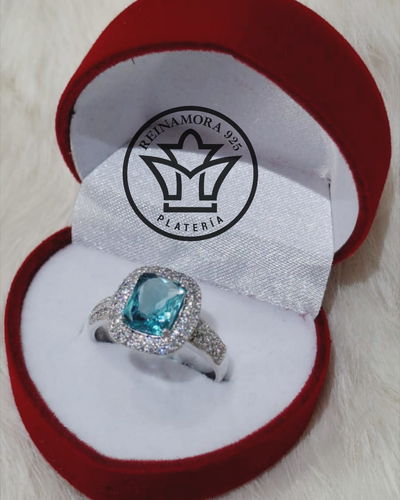 Anillo Plata 925 Rodinado Cz Celeste Cuadrada Ethel 4grs