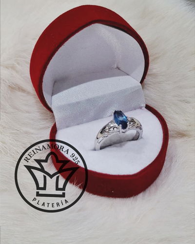 Anillo Plata 925 Rodinado Cz Azul Ovalado Calado 3.2grs