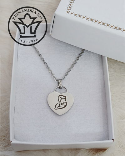 Dije Acero Quirúrgico Corazón + Cadena + Grabado Logo 