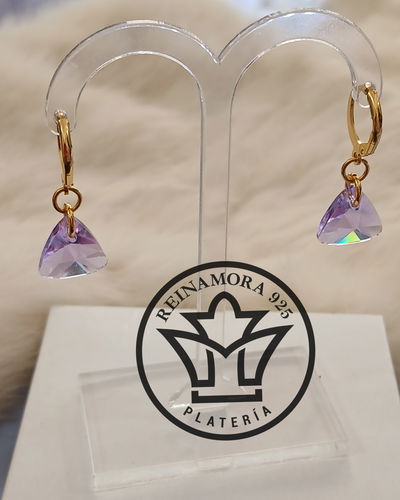 Aros Acero Quirúrgico Dorado Colgante Cierre Frances Triangulo Swarovski 13mm