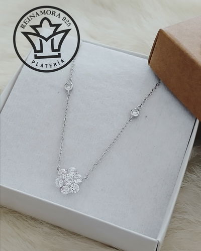 Gargantilla Plata 925 Rodinado Oro Blanco Cz Flor 3.3grs