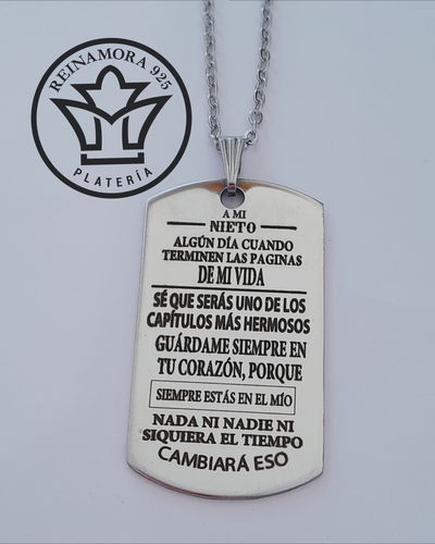Dije Acero Quirúrgico Rectangular 43x24mm + Cadena + Grabado frase