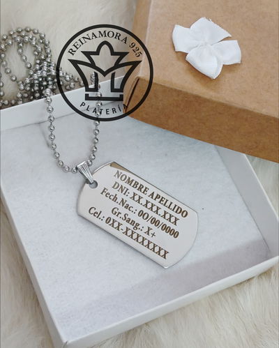 Dije Acero Quirúrgico Rectangular 43x24mm + Cadena + Grabado Identificatoria 
