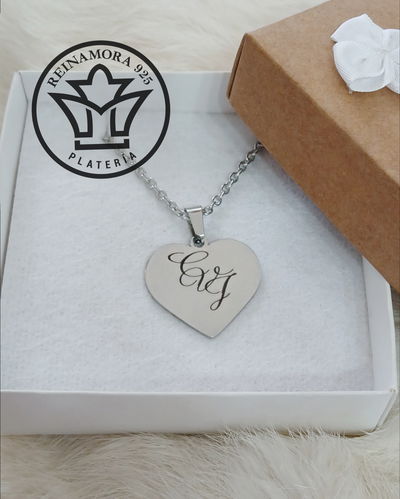 Dije Acero Quirúrgico Corazón 23mm + Cadena + Grabado Iniciales