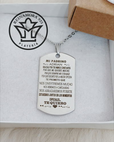 Dije Acero Quirúrgico Rectangular 43x24mm + Cadena + Grabado frase