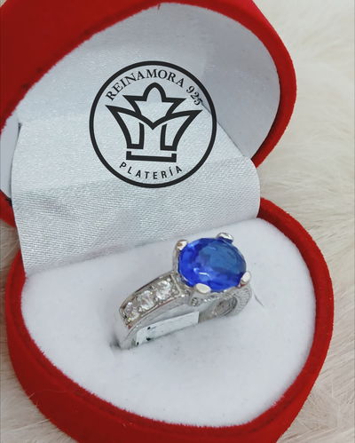 Anillo Plata 925 Rodinado Oro Blanco Cz Azul Eléctrico Ovalado 4.7grs 