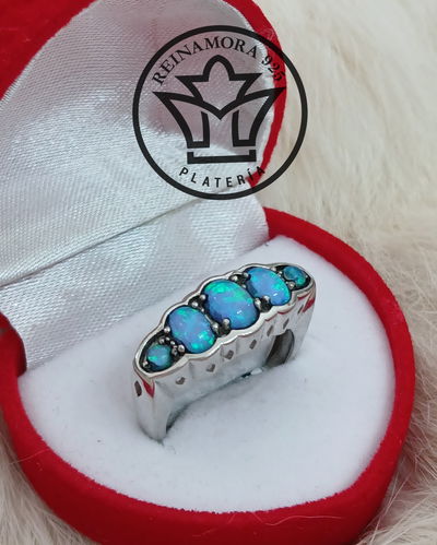 Anillo Plata 925 Rodinado Oro Blanco Ópalo 5 Piedras 4.3grs