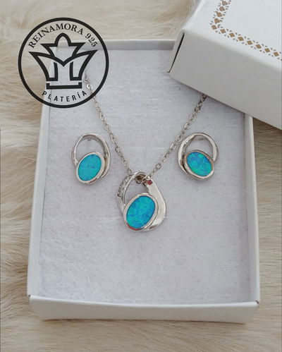 Conjunto Plata 925 Rodinado Oro Blanco Ópalo Azul Con Cubic 5grs