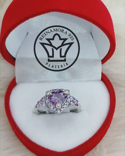 Anillo Plata 925 Rodinado Oro Blanco Cz Violeta Triangulo 4.1grs