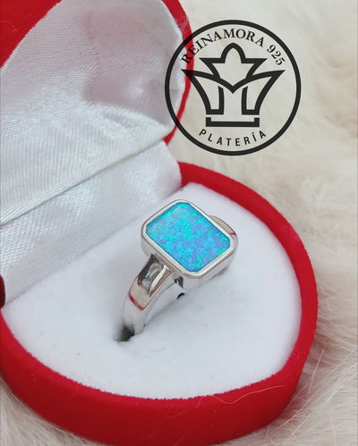 Anillo Plata 925 Rodinado Oro Blanco Cuadrado Ópalo 4grs