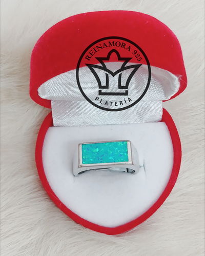 Anillo Plata 925 Rodinado Oro Blanco Rectángulo Ópalo 5.4grs 