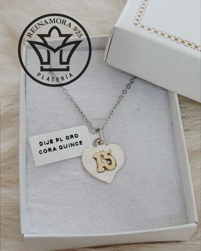 Dije Plata 925 Oro Corazón Numero quince