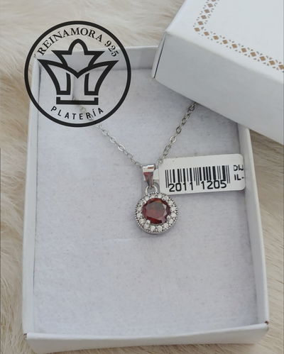 Dije Plata 925 Rodinado Oro Blanco Cubic Rojo Redondo 11mm 2.1grs