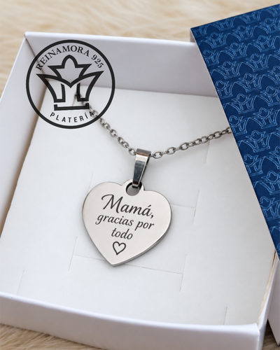Dije Acero Quirúrgico Corazón 25x25mm Doble Pulido + Cadena + Grabado Para Mamá 