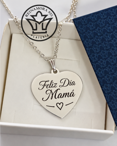 Dije Acero Quirúrgico Blanco Corazón + Cadena + Grabado Para Mamá