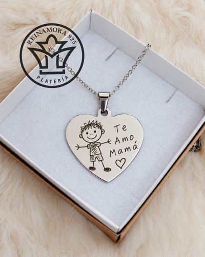 Dije Acero Quirúrgico Corazón 33x25mm + Cadena + Grabado Dibujo Para Mamá 